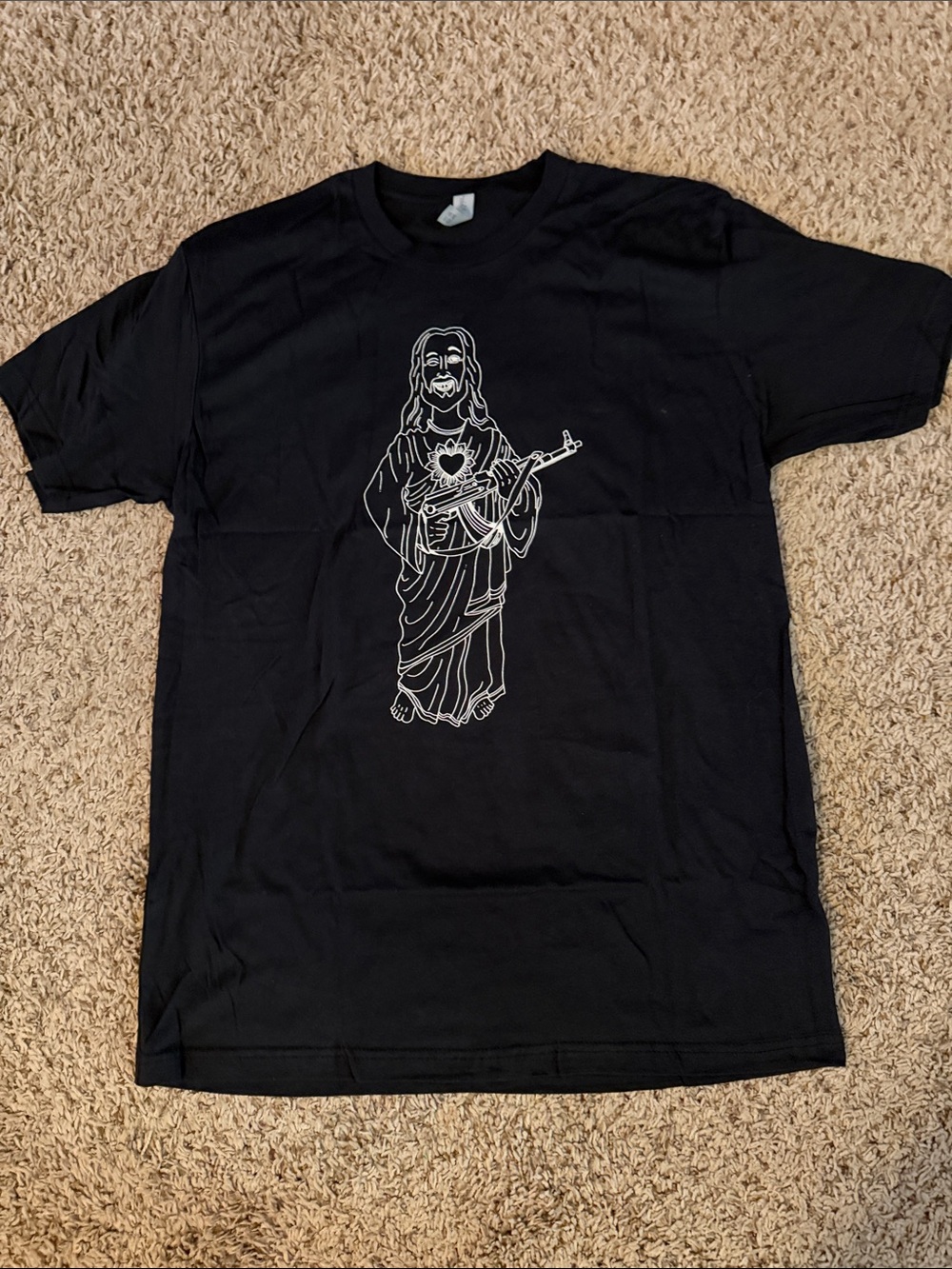 Jesus with an AK47 Black Graphic Tee with White Line Art Brand New